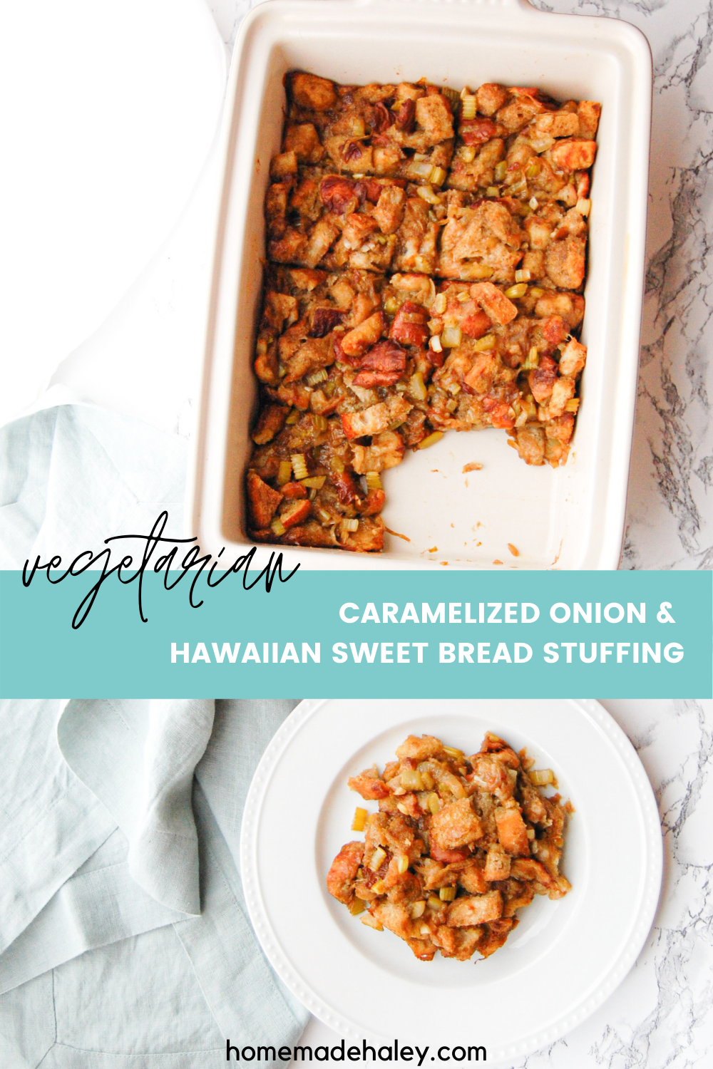 Whether you call it stuffing or dressing, no one will miss the meat in this simple and easy side dish! Vegetarian Caramelized Onion & Hawaiian Sweet Bread Stuffing has traditional flavors, yet brings a unique flair!