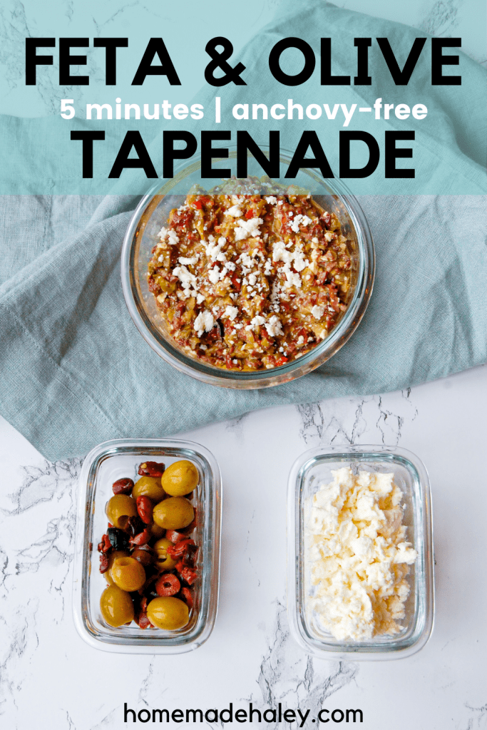 This Feta & Olive Tapenade is a quick and easy appetizer with endless serving possibilities! Salty olives, tangy feta, and a hint of lemon. Serve on toasted bread, swirled into hummus, or mixed into pasta!