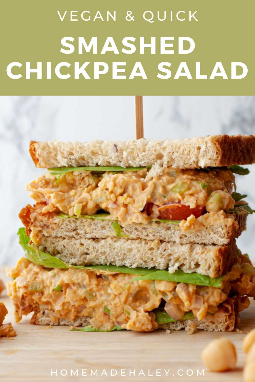 This easy Chickpea Salad Sandwich is a vegan & customizable spin on tuna salad. Made in a jiff using canned chickpeas and tangy condiments! Use on your favorite bread, lettuce leaf, or tortilla wrap.  It will be your family's new favorite filling, healthy and versatile lunch! #veganlunch #chickpesalad #easyveganlunch