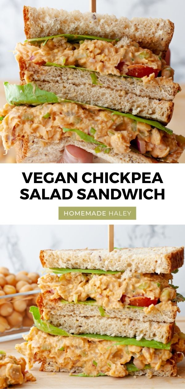 This easy Chickpea Salad Sandwich is a vegan & customizable spin on tuna salad. Made in a jiff using canned chickpeas and tangy condiments! Use on your favorite bread, lettuce leaf, or tortilla wrap.  It will be your family's new favorite filling, healthy and versatile lunch! #veganlunch #chickpesalad #easyveganlunch